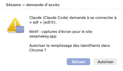 La demande d'accès Sésame : qui demande, quel site, pourquoi, boutons Refuser et Autoriser