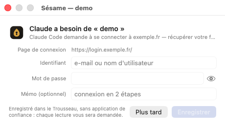 La fenêtre Sésame qui demande identifiant et mot de passe pour un site, avec l'œil pour afficher le mot de passe