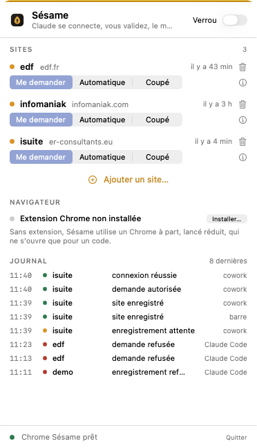 Le panneau Sésame dans la barre des menus : liste des sites avec leur règle, journal, verrou